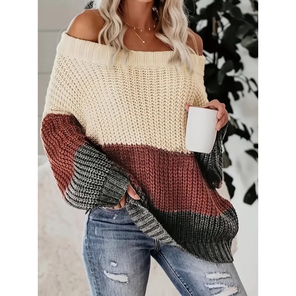 LAST 1! Gorgeous Off Shoulder Oversized Color Block Knit Sweater! - Picture 7 of 8